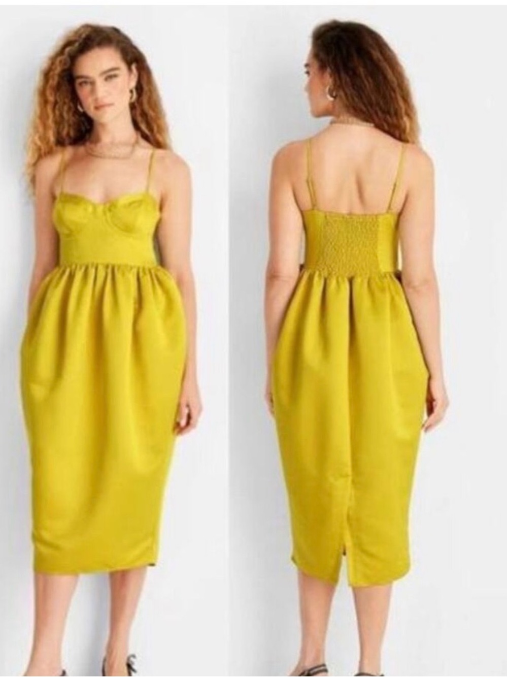 Satin Bustier Midi Dress in Chartreuse